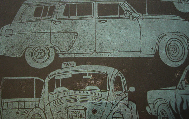 Mexican Cars 16 x 20 twocolor linoleum block print on paper