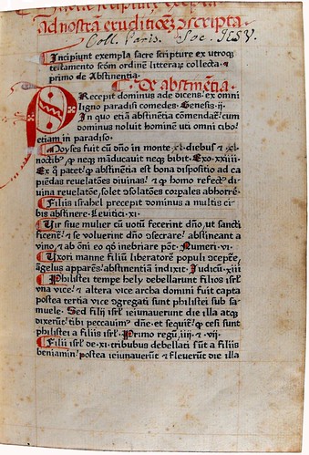 Ownership inscription, rubrication and manuscript initial in Nicolaus de Hanapis: Exempla sacrae Scripturae ex utroque Testamento collecta