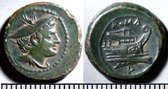 43/6 Luceria L Semuncia. Roman mint. Mercury; ROMA / Prow, narrow angled stem / L, in circle. BNF Paris Armand-Valton 645, 3g92