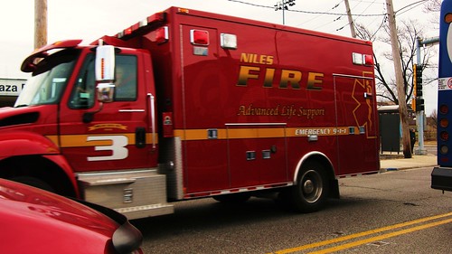Niles Fire Department International ambulance truck responding to an emergency call. Niles Illinois USA. March 2011. by Eddie from Chicago