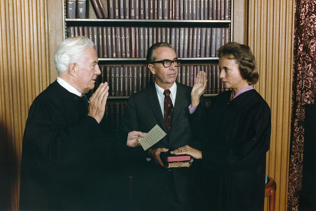 Photograph of Sandra Day O'Connor Being Sworn in a Supreme Court Justice by Chief Justice Warren Burger...