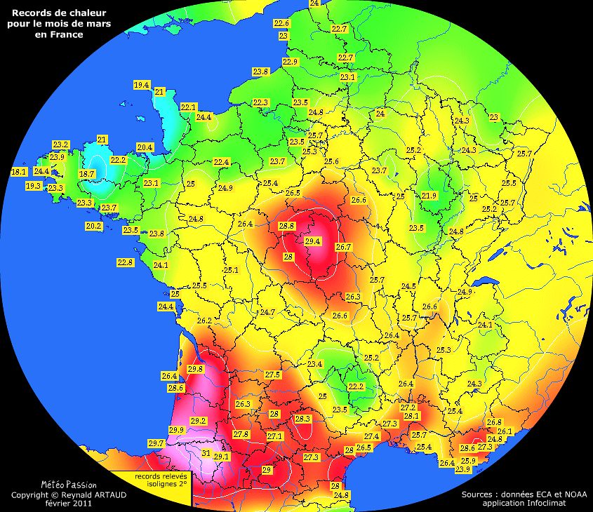 records de chaleur des températures maximales pour le mois de mars en France Reynald ARTAUD météopassion