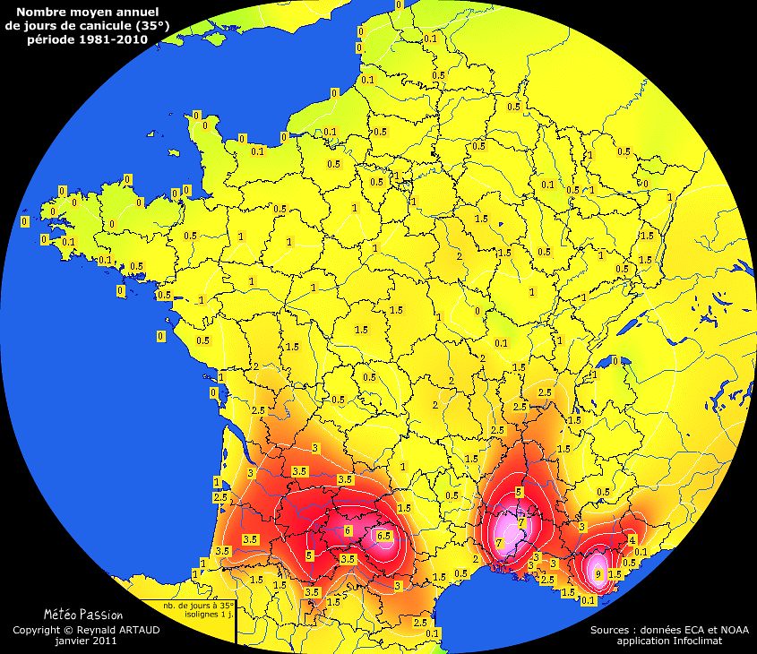 nombre moyen annuel de jours avec très forte chaleur ou canicule (35°) en France pour la période 1981-2010