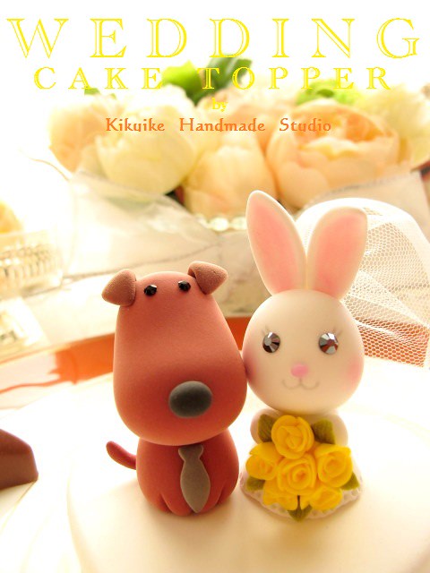 Wedding Cake Topper cute dog and rabbit