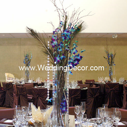 Tall square wedding centerpieces with galaxy blue dendrobium orchids 