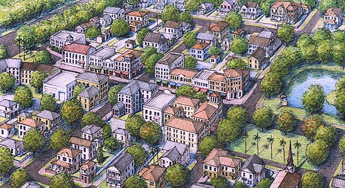 a commercial center is at the heart of the walkable neighborhood shown in this conceptual rendering (courtesy of Dover Kohl Town Planners)