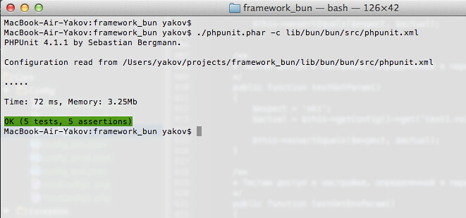 PHPUnit success tests on Bun Framework