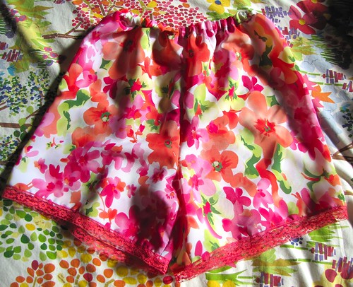 pink floral pettipants on bed