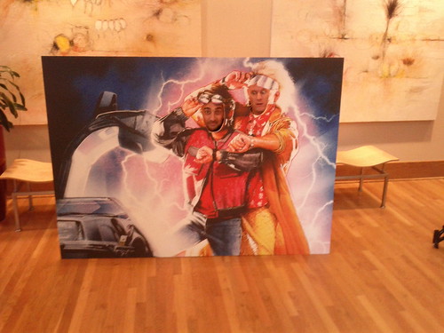 Picture of Robi Ganguly and Sky Kelsey posing in a Back to the Future cutout of Marty McFly and Doc