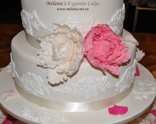 Ivory and pink peonies sugar flowers wedding cake by Melania's Exquisite 