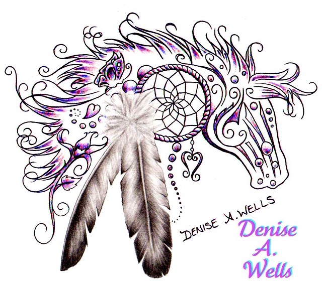 A horse tattoo design with a dream catcher and feathers incorperated