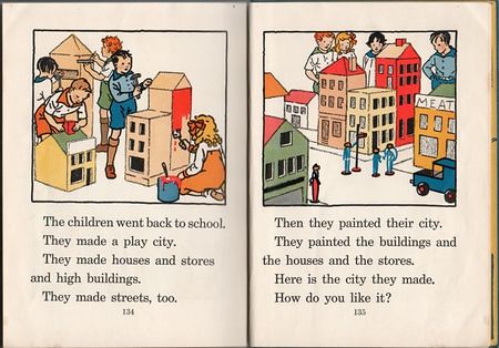 Page about children building play cities from a reading instruction book