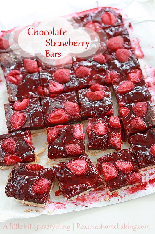 Chocolate fudge roasted strawberry cookie bars - shortbread cookie topped with rich chocolate fudge, tangy strawberry jam and tart roasted strawberries.