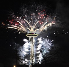 Happy New Year Fireworks Seattle Space Needle Washington USA