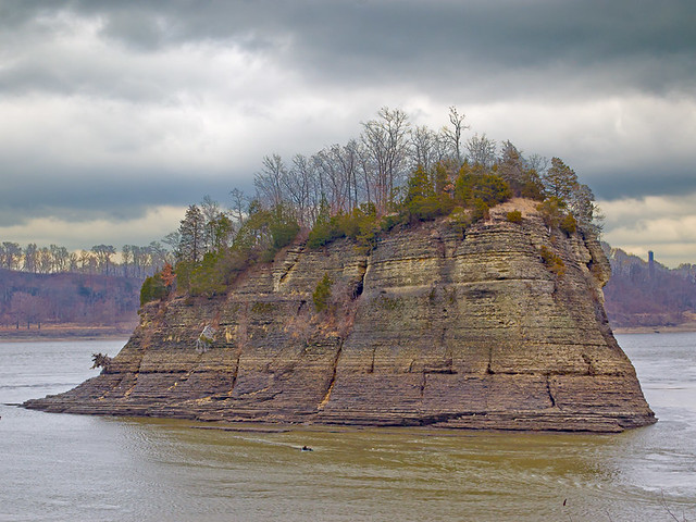 Tower Rock in the Mississippi River, in Perry County, Missouri, USA