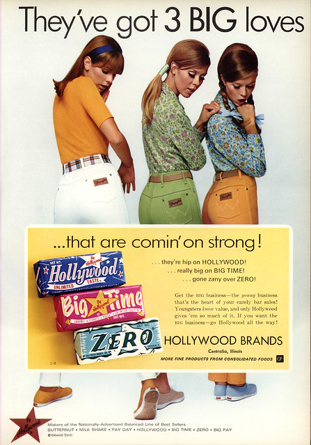 Hollywood Candy Co - Hollywood, Big Time, Zero - 3 Big Loves - Wrangler - candy trade magazine ad - National Candy Wholesaler Magazine - June 1969