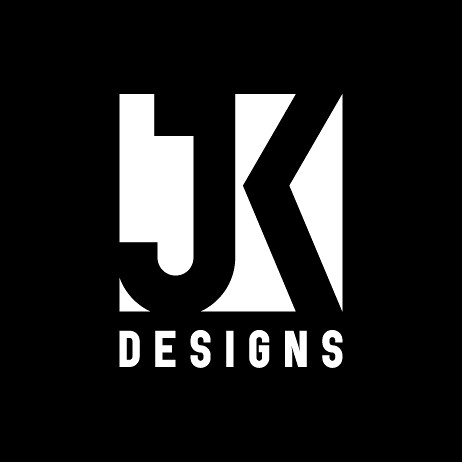 facebook logo black and white. The JK Designs logo in black and white.