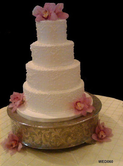 WED060 4 tiers white round with arch pearls and orchids wedding cake 60 87