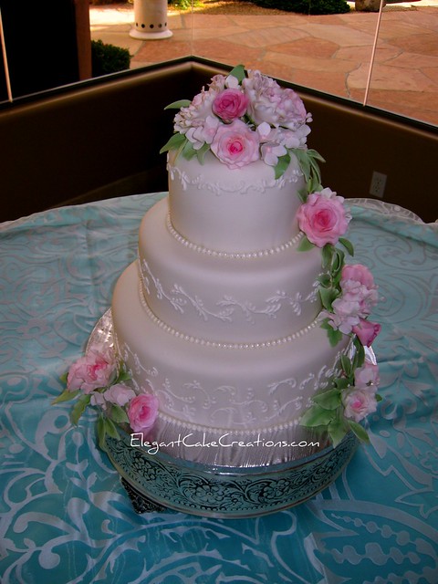 Peonies and Roses Wedding Cake Fondant with royal icing scrolls and fondant 