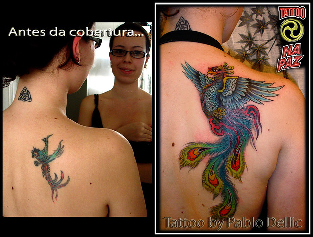 Antiga Fenix tatuada e sua cobertura com nova tatuagem de Fenix CoverUp 