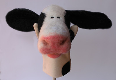 needle felted cow puppet