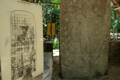Estela de piedra con inscripciones junto a la famosa que esconde el tesoro del mundo Maya, su calendario que augura que el mundo acabará el 21 de diciembre de 2012. He de decir que el calendario original que se encontró en Cobá está actualmente en el museo de antropología, aquí hay una réplica .. pero cierto es que se encontró aquí en Cobá.