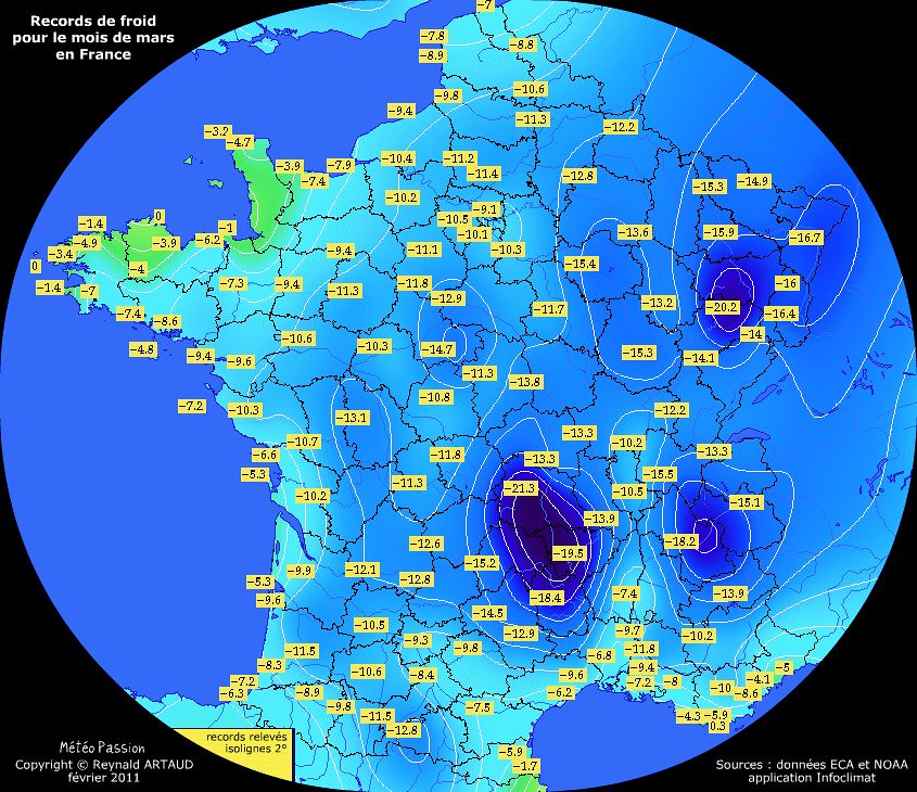 records de froid des températures minimales pour le mois de mars en France Reynald ARTAUD météopassion