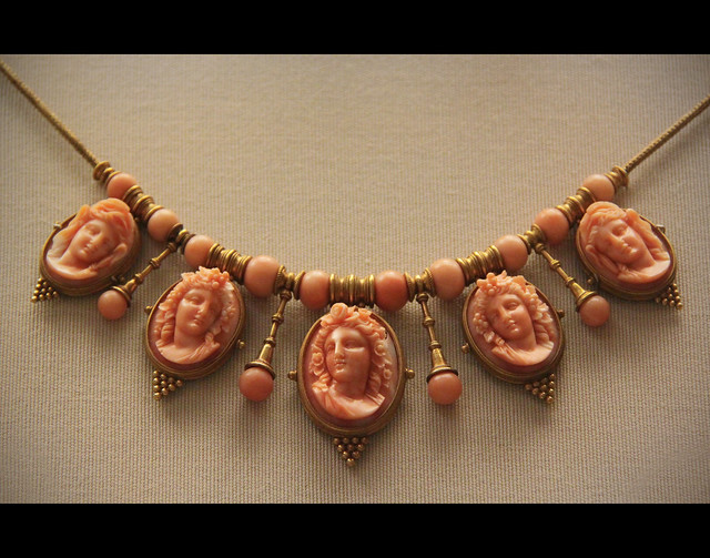 Coral cameo fringe necklace, applied trade mark of Carlo Giuliano, about 1878