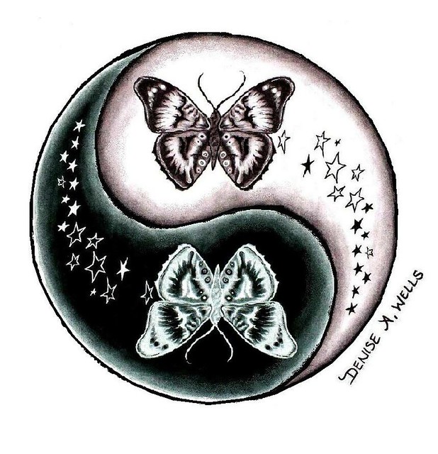 Butterfly and Stars Yin Yang tattoo design by Denise A Wells