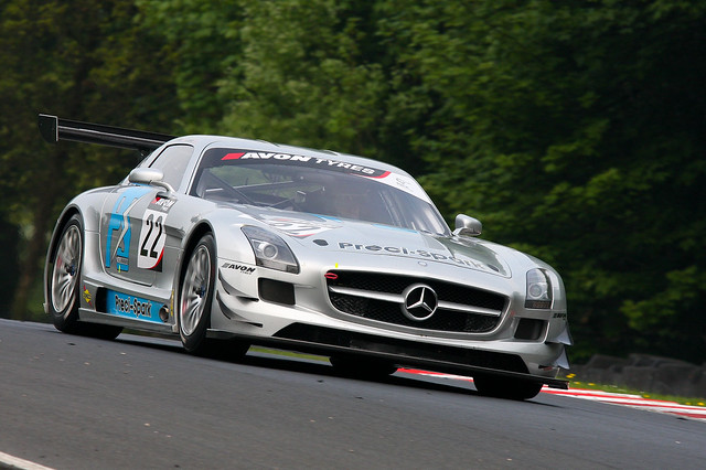 The Jones twins AMG SLS GT3 comes over the rise at Druids British GT
