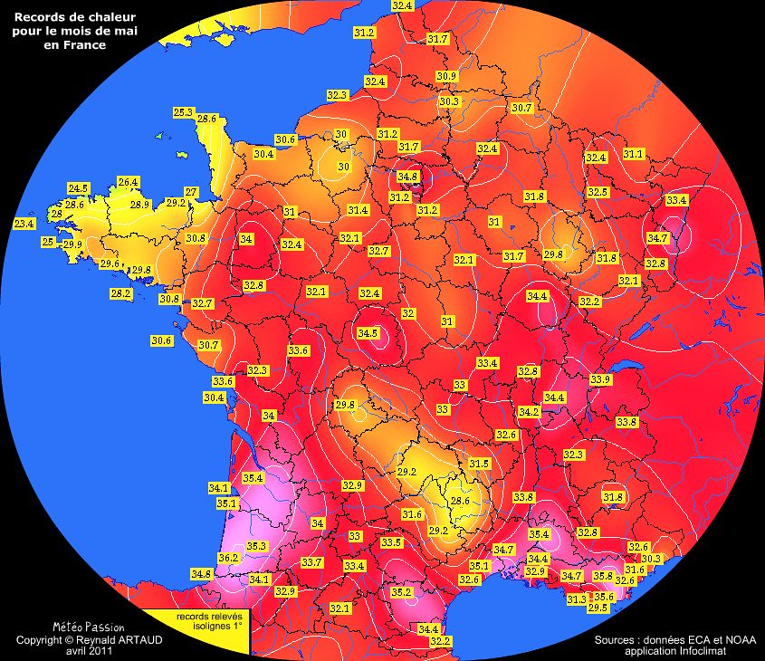 records de chaleur des températures maximales pour le mois de mai en France Reynald ARTAUD météopassion