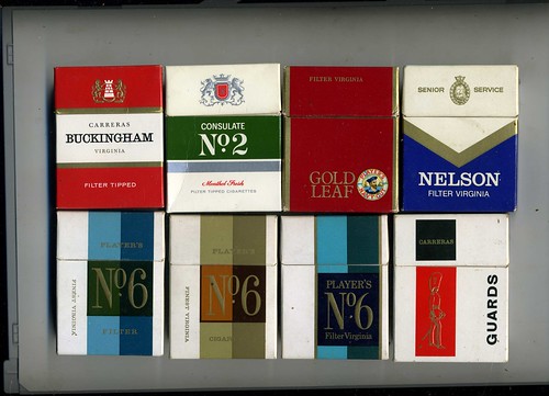 Cigarette Packets - Carreras Buckingham, Guards, Consulate no.2, Players Gold Leaf, Nelson filter, Players No 6 filter and plain virginia