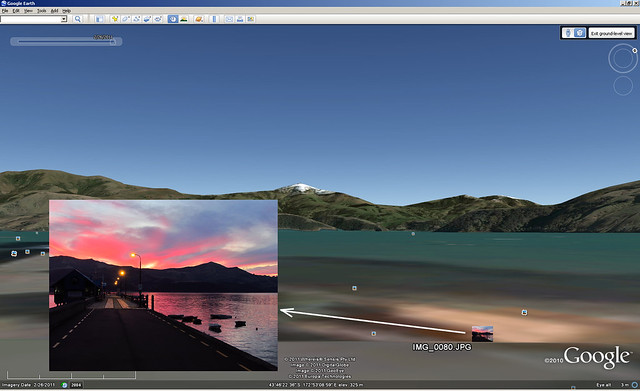 Sunset from Akaroa Jetty - geotagged photo with Google Earth Background