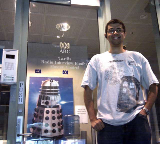 ABC Ultimo TARDIS - radio interview recording studio (wearing Dr Who TARDIS tshirt)
