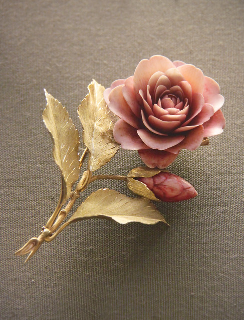 Camellia spray with carved and tinted ivory petals and coloured-gold leaves, English, 1840-50