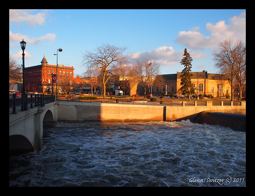 View across the Cannon River of the Downtown Post Office & Bridge Square ~ Northfield, Minnesota