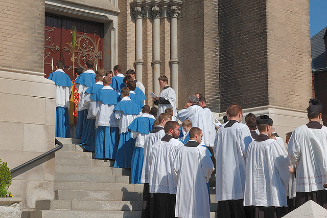 Saint Francis de Sales Oratory, in Saint Louis, Missouri, USA - Palm Sunday procession, halted at door of church