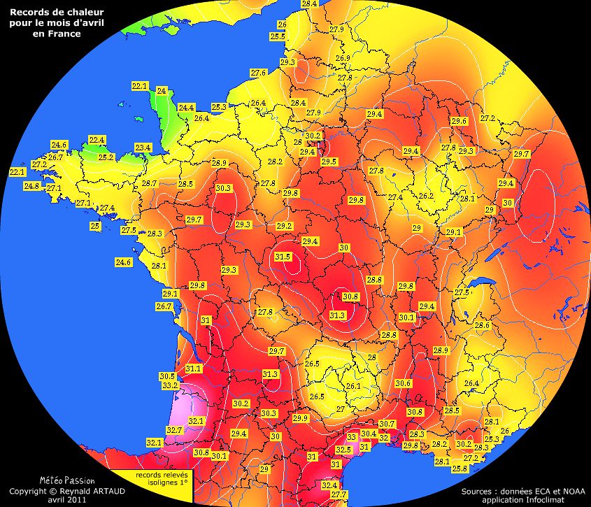 records de chaleur des températures maximales pour le mois d'avril en France Reynald ARTAUD météopassion