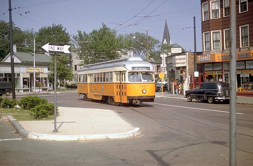 Boston MTA Wartime PCC car 3111 at Waverly Square in 1958 before trackless conversion