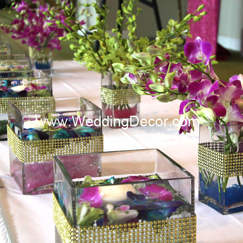 Small square vase wedding centerpieces with fuchsia green and galaxy blue