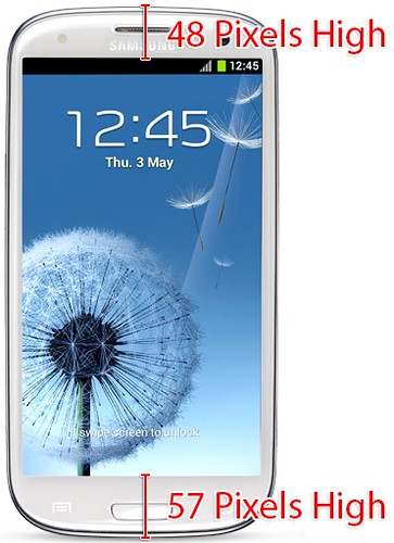 Batas di bagian atas dan bawah layar Galaxy S III, ukurannya dibuat berbeda