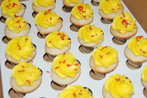 yellow and red mini cupcakes for firetruck themed birthday