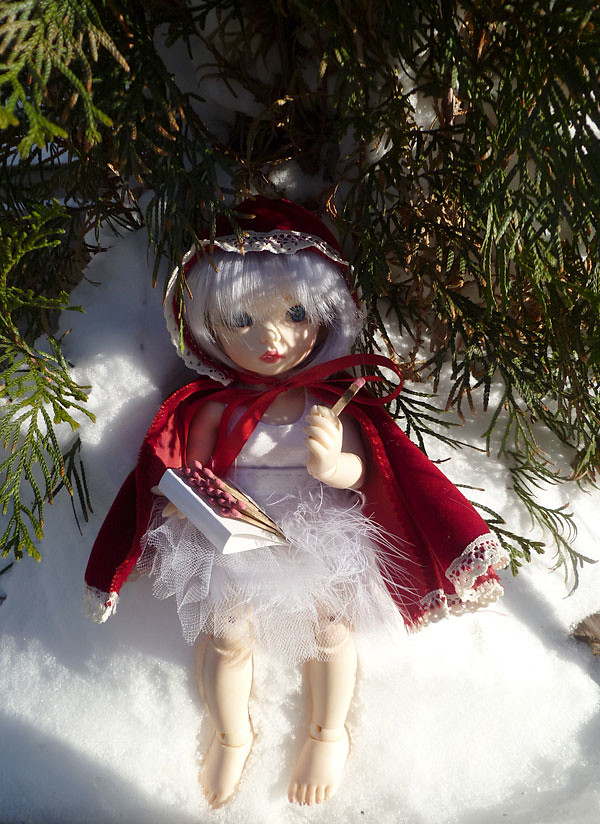 terrible fairytale: The Snow Queen in red riding hood froze to death while selling matches