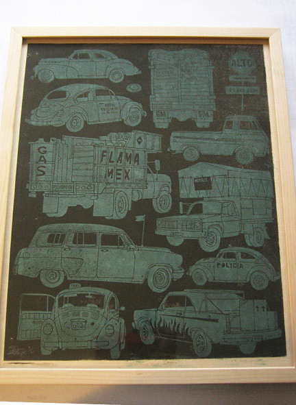 Mexican Cars 16 x 20 twocolor linoleum block print on paper