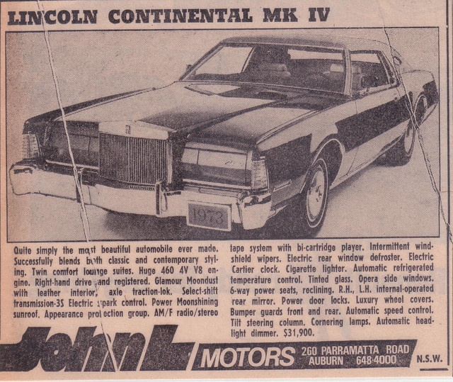 1973 Lincoln Continental Mk IV Ad Australia