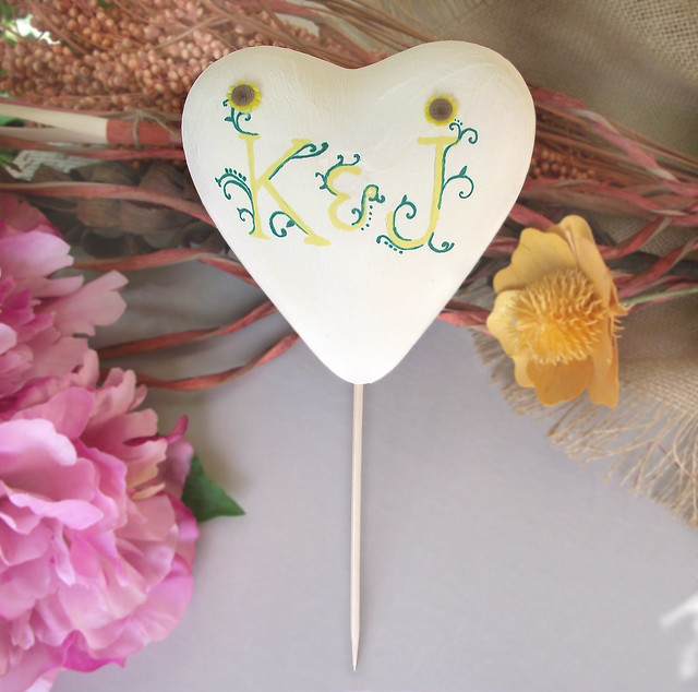 Unique Sunflowers Heart wedding cake topper Personalized with initials