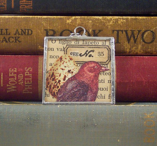 Bird and Egg Collage Art Soldered Pendant