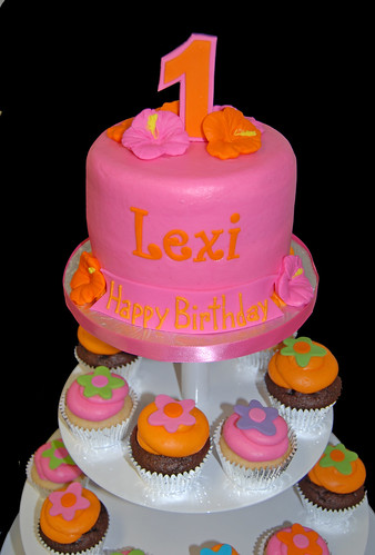 1st birthday orange and pink Hawaiian themed cupcake tower