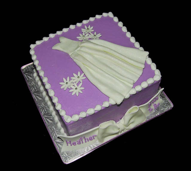 Purple White and Silver Bridal Shower Cake with Wedding Dress