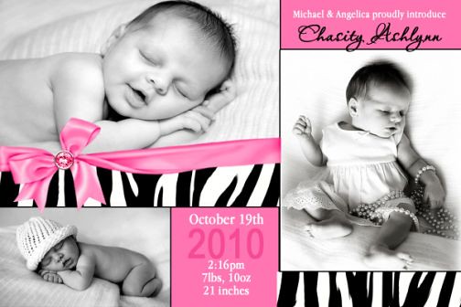 Sassy Baby Girl Zebra Hot Pink Birth Announcement